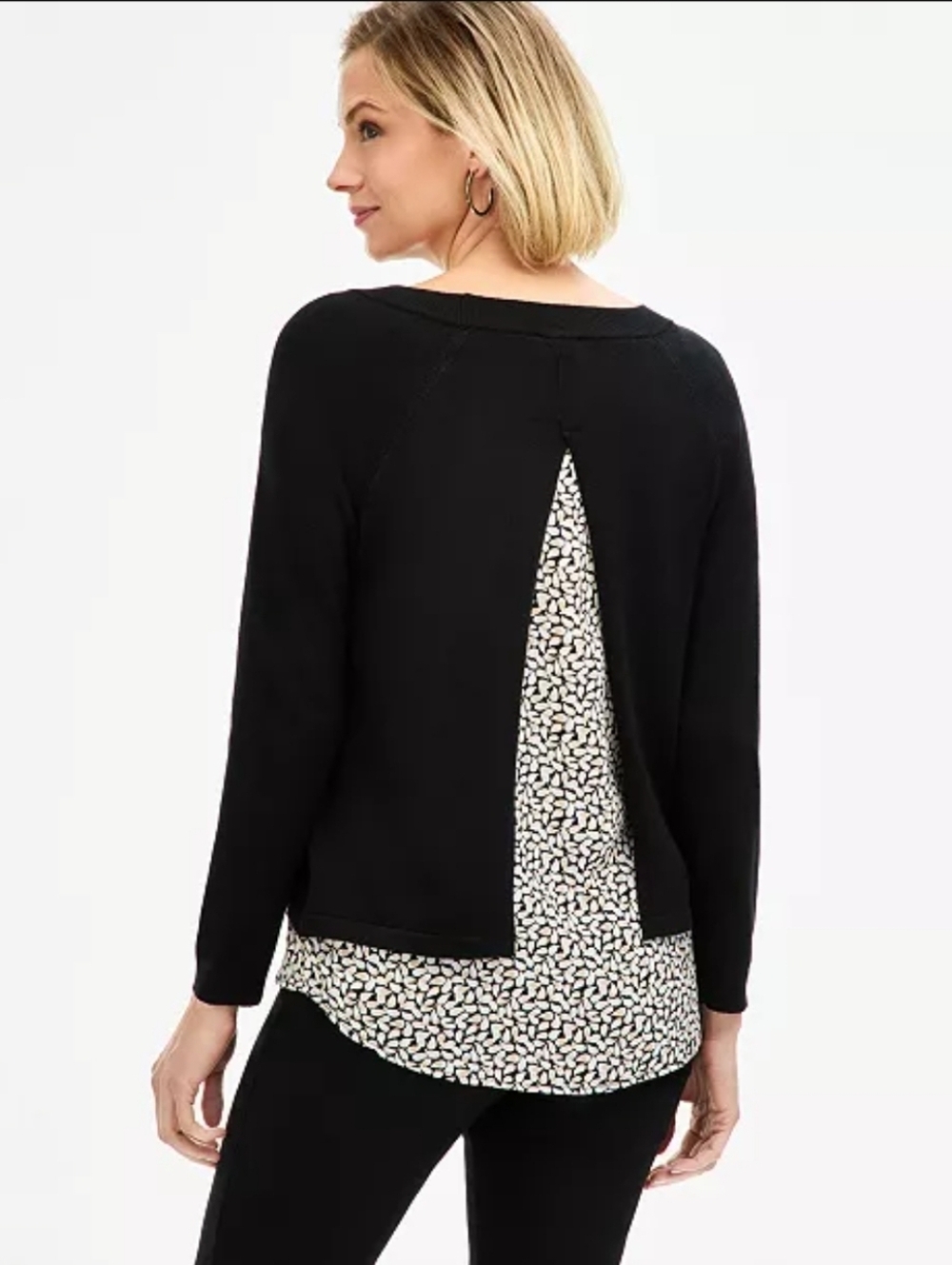 Ann Taylor Layered Look Split Back Sweater Black 3/4 Sleeve Faux Shirt Hem S